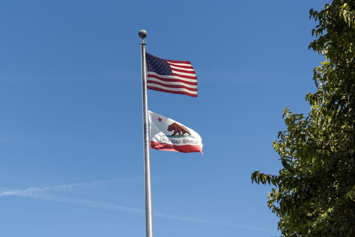 The flagpole outside of the J. Burton Vasché library on the CSU Stanislaus campus.