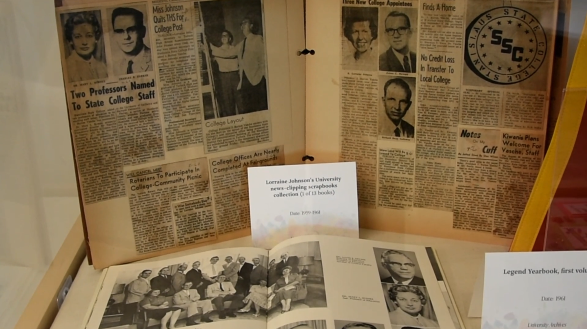 Loraine Johnson's University news-clipping scrapbooks collection (above), Legend Yearbook (below)