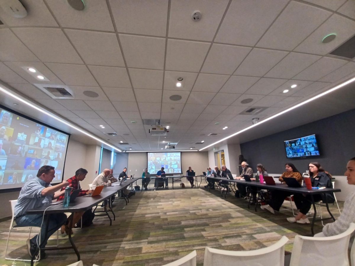 A wide shot of the Academic Senate during their November 19th meeting in room L102. 