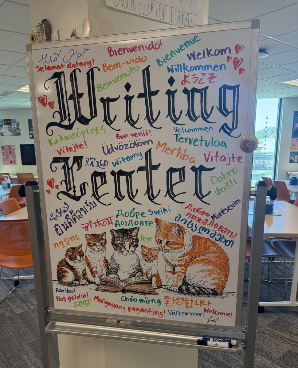 Welcome board when entering the Writing Center