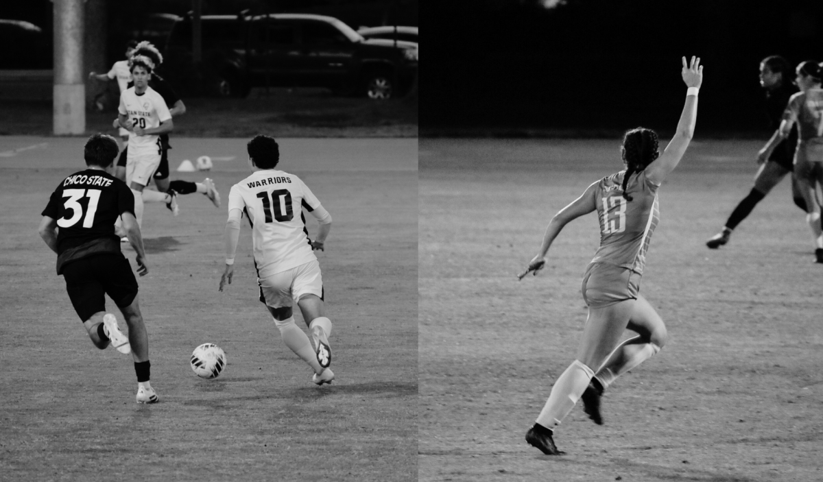 Stan State soccer players in the middle of their game