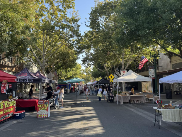 Vendors and community on Main Street during the Turlock farmers market