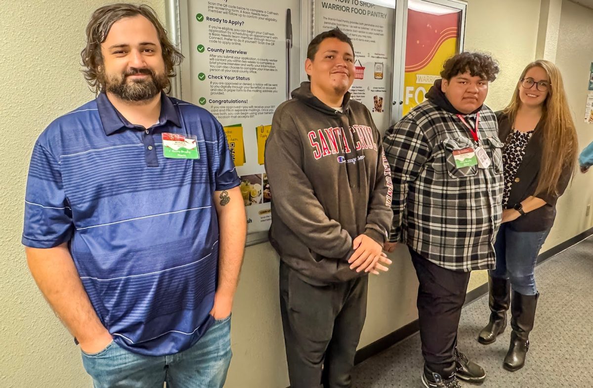 (From left to right: Michael Stroup, Psychology, Federal work study student, Brandon Bedolla-Oliva, History, College Corp fellow, Izaiah Villanueva, Psychology, College Corp Fellow, Heather Pearson Villeda, Director Basic Needs)