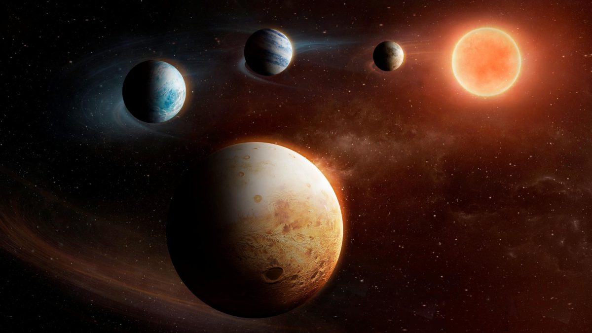An artist's impression of a planetary system with four planets, around a small red star, called LHS1903 with a large reddish-brown rocky planet with craters is visible in the foreground and three smaller planets: one with blue and white colors, another with blue and brown bands, the third with a rocky surface behind it and in the top right corner of the image, a small but bright red star illuminates the scene, with space dust and distant stars visible in the background, in this illustration released on February 12, 2026.   ESA/Handout via REUTERS