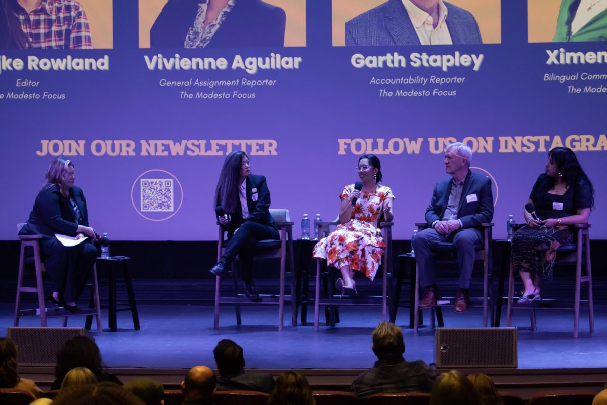 Kate Trompetter asking the team questions at The Modesto Focus launch on Thursday, Feb. 12, 2026 in Modesto. (Left to Right: Kate Trompetter, Marijke Rowland, Vivienna Aguilar, Garth Stapley, Ximena Loeza)