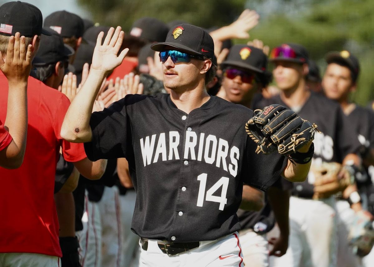 Junior, Outfielder Eli Hancock, Celebrating Stan State’s 3–1 series win over Cal Poly Pomona on Sunday, March 22, at Warrior Baseball Field in Turlock.