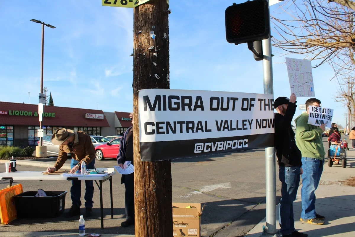 Protestors rally with the Central Valley BIPOC Coalition along Crows Landing Road in Modesto Jan. 10, 2026 as part of a nationwide day of action after the fatal shooting of Renee Good by an ICE agent in Minneapolis. Credit: Ximena Loeza / The Modesto Focus