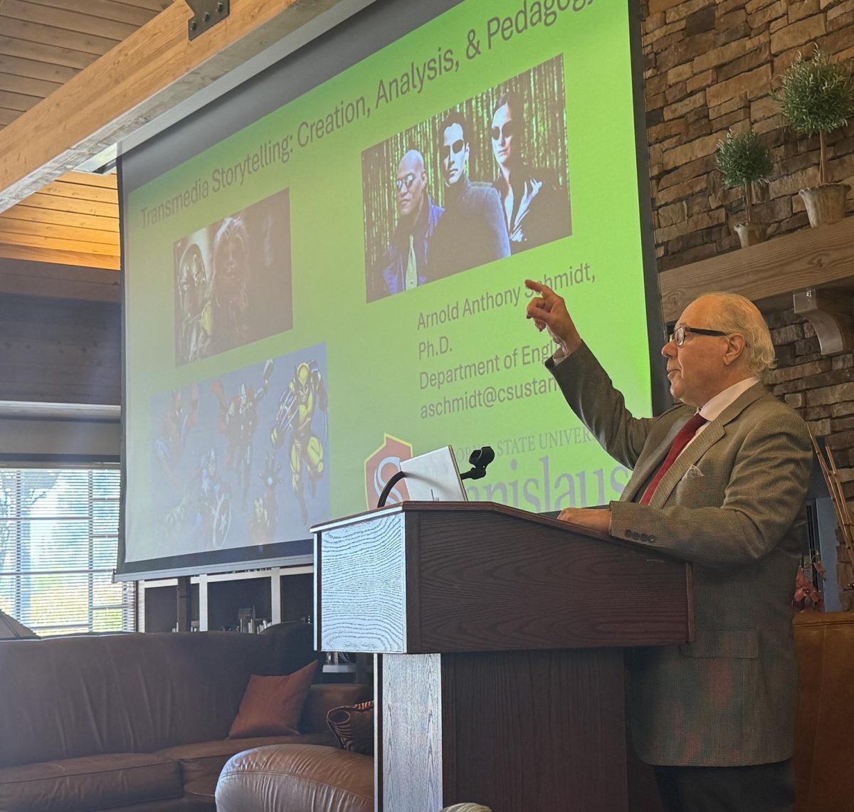 Dr. Arnold Schmidt gives the keynote address at the Media in Full Bloom conference on Friday, March 13, 2026, in Turlock.