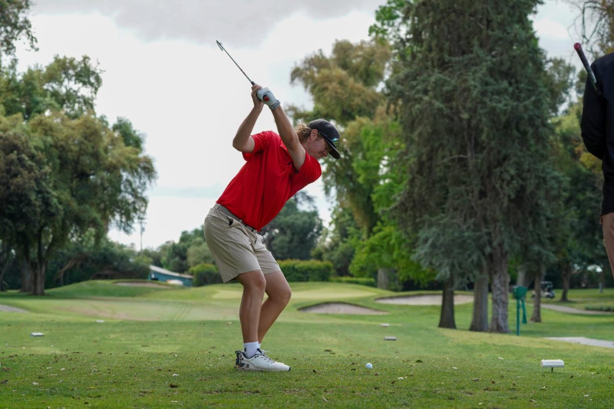 Chase Bird (Senior, Business) Hitting a tee shot at the 51st Hanny Stanislaus Invitational Saturday, April 13, 2026, at Turlock Golf and Country Club.