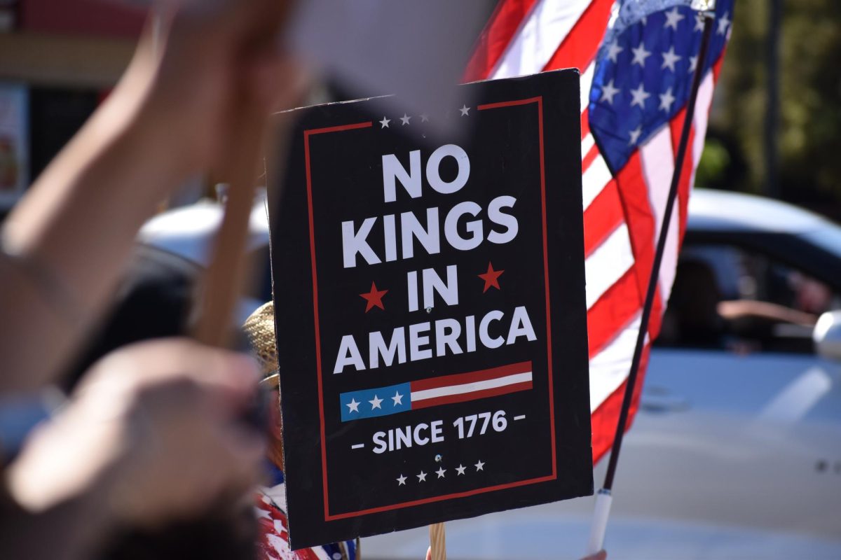 Protestor holds up sign that reads, "No Kings in America since 1776," on Saturday, March 28,  2026 at the No Kings Protest in Modesto.
