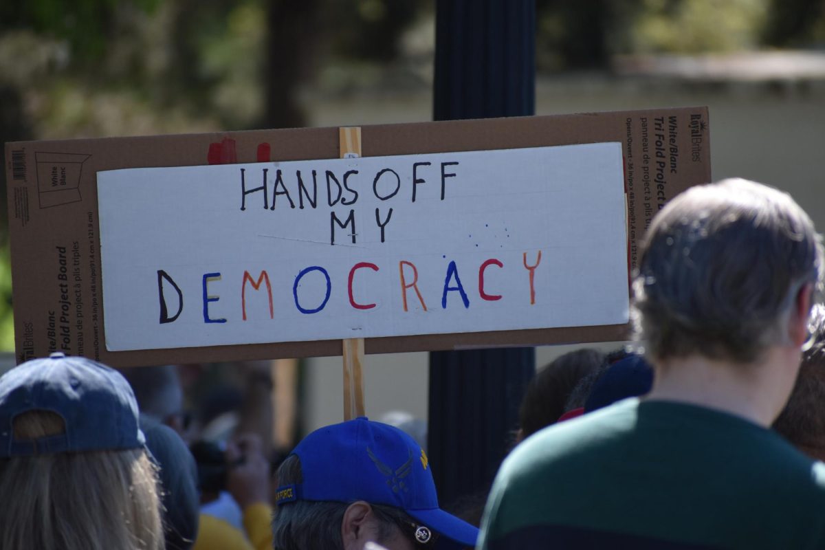 Protestor holds a sign that reads "Hands off my democracy," on Saturday, March 28,  2026 at the No Kings Protest in Modesto.