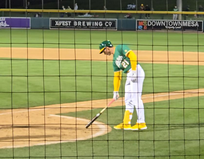 Tyler Soderstrom getting ready to step to the plate at Hohokam Stadium.