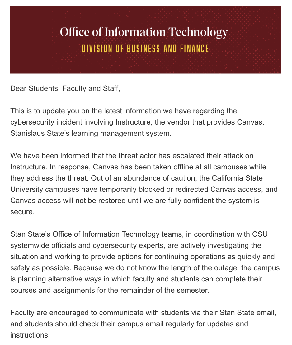 Canvas unavailable after ShinyHunter hack holds students information
