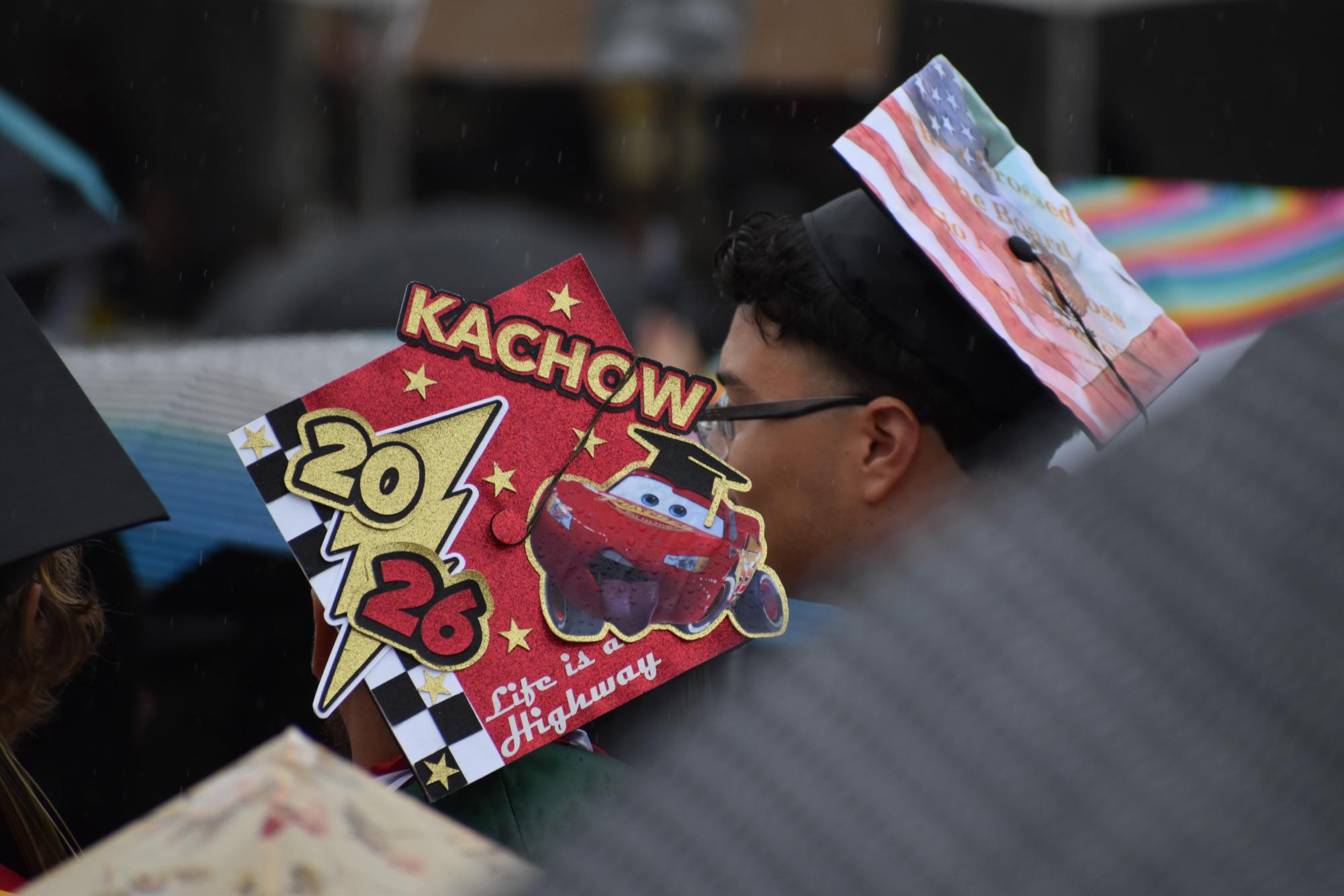 A couple graduation caps from the third day of commencement on Thursday, May 28, 2026, in Turlock.